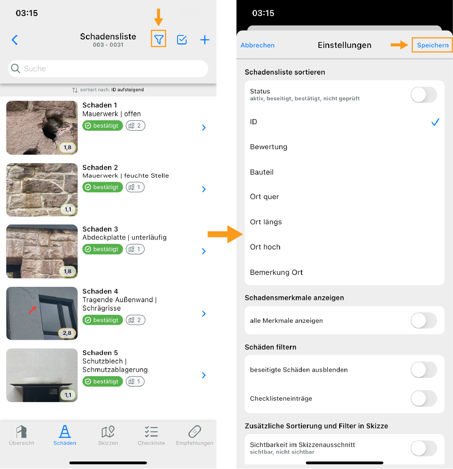 Schadensliste filtern